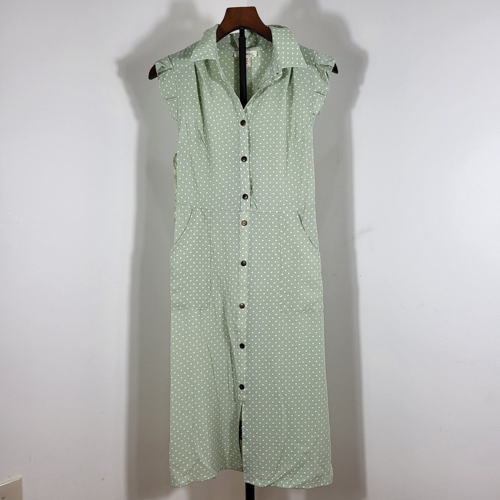 Monteau Los Angeles Sage Green Polka Dot Button Down Midi Dress Ruffle Sleeve M